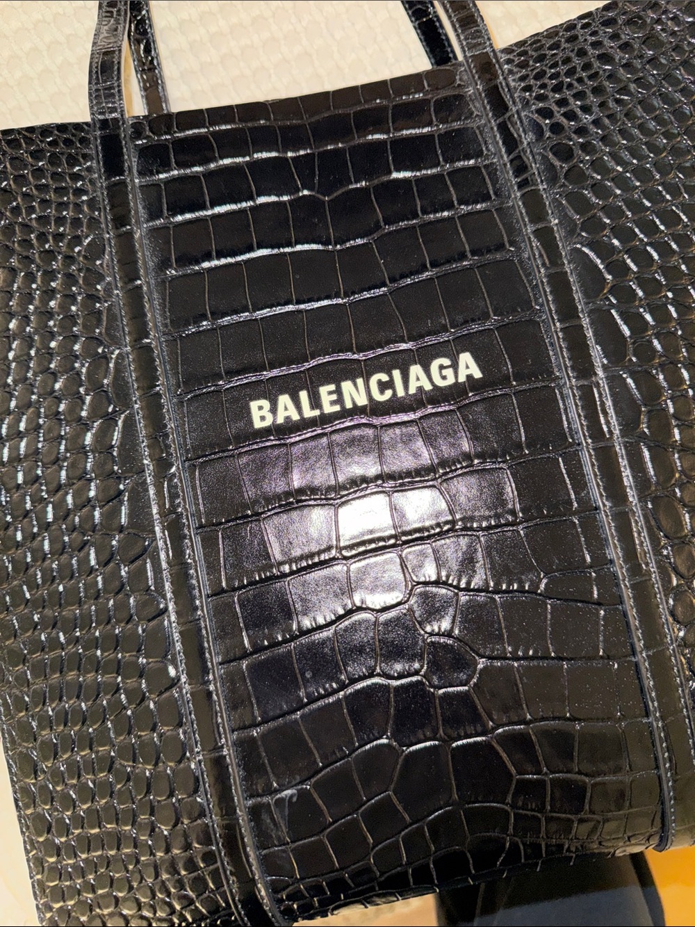 Balenciaga Black Croc-Embossed Tote with Logo - Picture 2 of 8